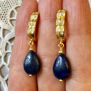 Vintage LAPIS Lazuli TOPAZ GOLD Plated Earrings - Original Genuine Lapis Lazuli Stone - Gold Plated Hook Topaz - Vintage From France