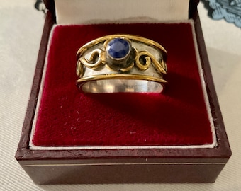 GENUINE SAPPHIRE Sterling/GOLD Large Ring -Vintage Carved Design - Natural Sapphire - Gold/Sterling Silver - Vintage Ring from France