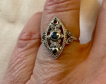 Genuine SAPPHIRE GARNETS Seed PEARL Sterling Victorian Ring - Vintage Marquise Design - Genuine Sapphire -Sterling - Ring from France