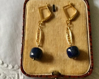 France FILIGREE LAPIS LAZULI Gold Plated Long Earrings - Original Beautiful Lapis Lazuli Stone- Beautiful Great Filigree - Jewel From France