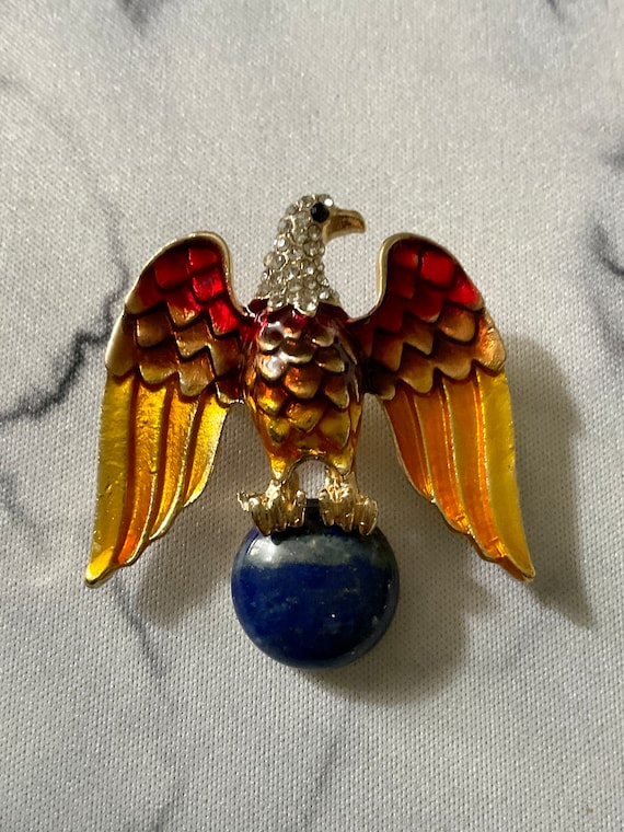 Vintage EAGLE LAPIS LAZULI Enamel Rhinestone Brooch - Design Creator - Genuine Lapis Lazuli - Creator Brooch Vintage from France