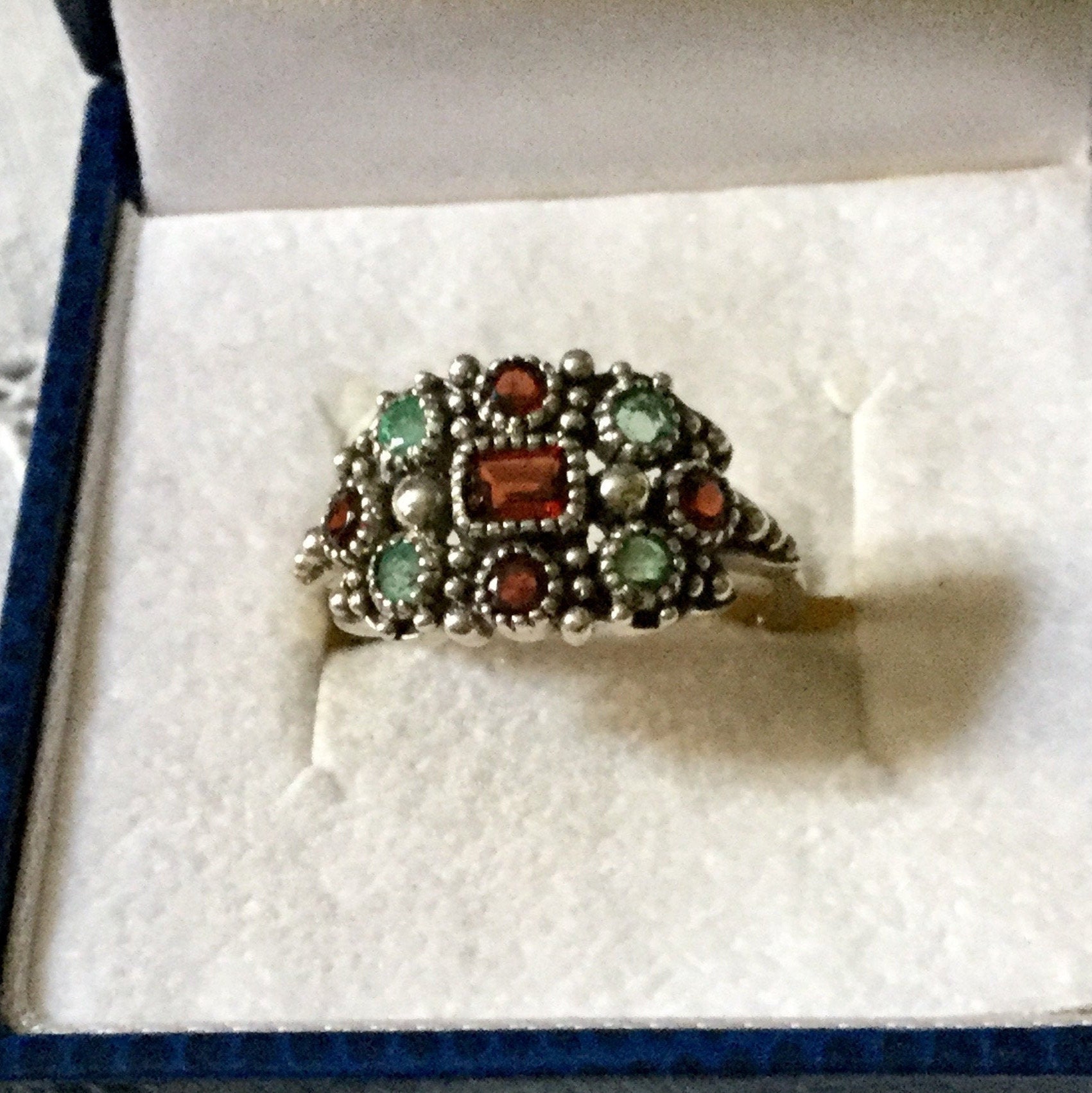 Vintage Jewelry from France Sterling Silver Victorian GARNET EMERALD STERLING Vintage Ring Luxury Vintage Design- Genuine Stones