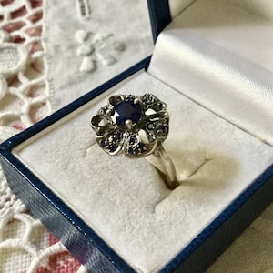 Authentic ALL SAPPHIRE STERLING Ring -Great Vintage Original France Floral Design -Sterling Silver -Genuine Stones - Jewelry from France