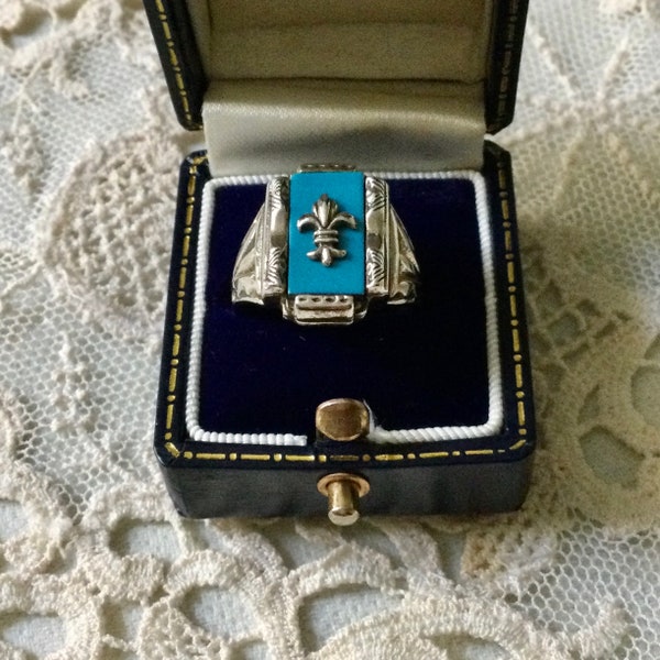 Victorian TURQUOISE STERLING Fleur de Lis  VINTAGE Ring- Original Royal Badge - Elegant Vintage Jewelry - Sterling Silver - Ring from France