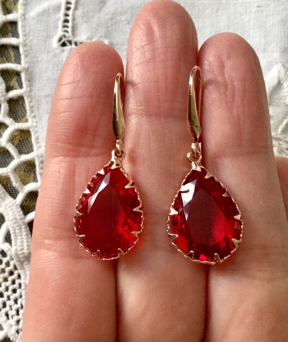 RED Ruby CRYSTAL Gold Plated Carved Design Earrin… - image 1