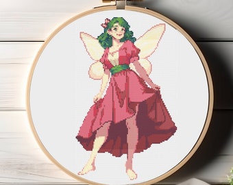 Faerie Girl "Leonie" - Pretty Full Body Red & Green Fairy Girl Flowing Dress Cross Stitch Pattern PDF