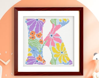 Letter K - Floral Grooves Alphabet - Baby Nursery Wall Art Groovy Flowers Cross Stitch PDF Pattern