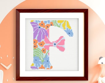 Letter F - Floral Grooves Alphabet - Baby Nursery Wall Art Groovy Flowers Cross Stitch PDF Pattern