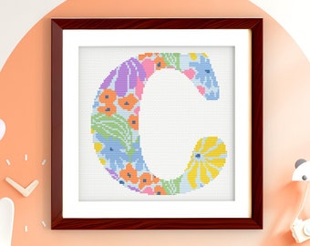 Letter C - Floral Grooves Alphabet - Baby Nursery Wall Art Groovy Flowers Cross Stitch PDF Pattern