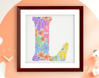 Letter L - Floral Grooves Alphabet - Baby Nursery Wall Art Groovy Flowers Cross Stitch PDF Pattern