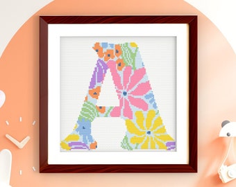 Letter A - Floral Grooves Alphabet - Baby Nursery Wall Art Groovy Flowers Cross Stitch PDF Pattern