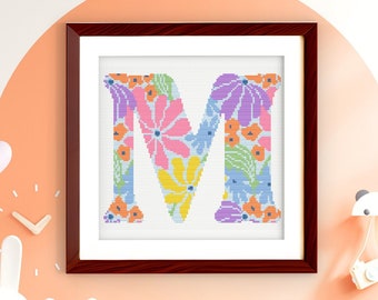 Letter M - Floral Grooves Alphabet - Baby Nursery Wall Art Groovy Flowers Cross Stitch PDF Pattern