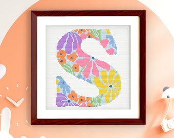 Letter S - Floral Grooves Alphabet - Baby Nursery Wall Art Groovy Flowers Cross Stitch PDF Pattern