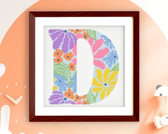 Letter D - Floral Grooves Alphabet - Baby Nursery Wall Art Groovy Flowers Cross Stitch PDF Pattern