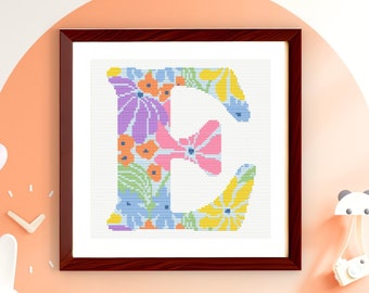 Letter E - Floral Grooves Alphabet - Baby Nursery Wall Art Groovy Flowers Cross Stitch PDF Pattern