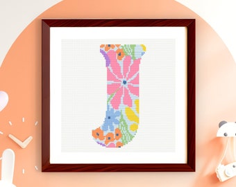 Letter J - Floral Grooves Alphabet - Baby Nursery Wall Art Groovy Flowers Cross Stitch PDF Pattern