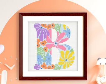 Letter B - Floral Grooves Alphabet - Baby Nursery Wall Art Groovy Flowers Cross Stitch PDF Pattern