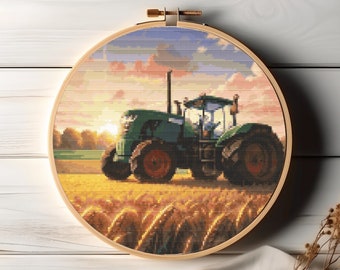 Farmer's Evening Cross Stitch Pattern PDF - Tractor and Wheat Field Sunset Scene - Full Coverage Art