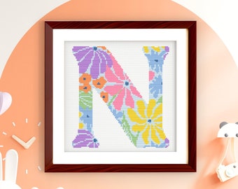 Letter N - Floral Grooves Alphabet - Baby Nursery Wall Art Groovy Flowers Cross Stitch PDF Pattern