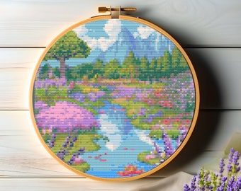 Lavender Lagoon - Lavender Flower Pond Cross Stitch Pattern PDF