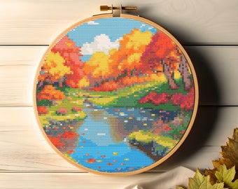 Autumn Lagoon - Autumn Leaves & Trees Pond Cross Stitch Pattern PDF
