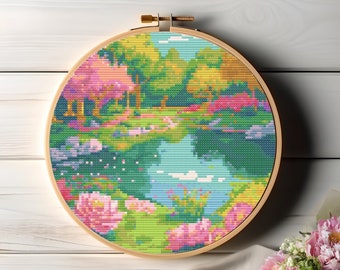 Peony Lagoon - Peony Flower Pond Cross Stitch Pattern PDF