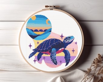 Vaporwave Sea Turtle - Pastel Ocean Sunset Turtle Scene with Abstract Shapes - PDF Cross Stitch Pattern