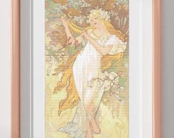 The Seasons: Spring - Alphonse Mucha Vintage Art - Cross Stitch Pattern PDF - Patternkeeper Compatible