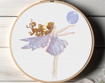Faerie and a Bubble - Delicate & Pretty Vintage Fairy Girl Cross Stitch Pattern PDF