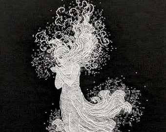 Fairy of the Snow  - Delicate & Pretty Vintage Gothic Faerie Fae Girl Art - Backstitch Black and White Cross Stitch Blackwork Pattern PDF