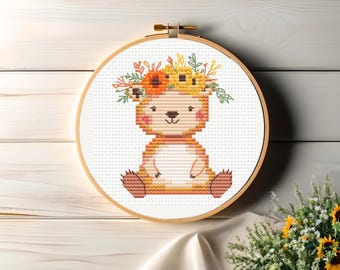 Willow the Bear - Baby Nursery Wall Art Brown Cute Cartoon Bear Cross Stitch PDF Pattern - Patternkeeper Compatible