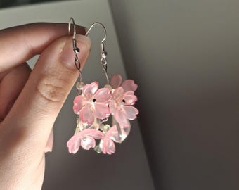 Handmade Cherry Blossom Earrings - Beaded Delicate Silver Floral Hook Earrings -  Y2K / Kawaii Accessories