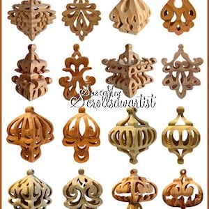 Puede incluir: Una colección de adornos de madera tallada intrincadamente en varias formas y diseños. Los adornos son en tonos marrones y beige, con patrones calados detallados. La imagen muestra una variedad de estilos, adecuados para fines decorativos.