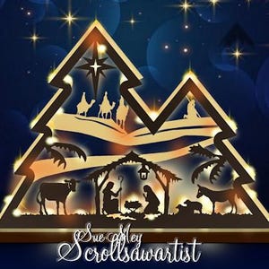 May include: A Christmas-themed wooden silhouette in the shape of a stylized Christmas tree. The design features a nativity scene with the three wise men, a star, and the text "Sue Mey Scrollsawartist". The background is a gradient of blue and gold with sparkling lights.
