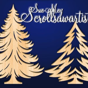 May include: Two wooden Christmas tree cutouts, one with a more detailed design than the other. Both are a light brown color.