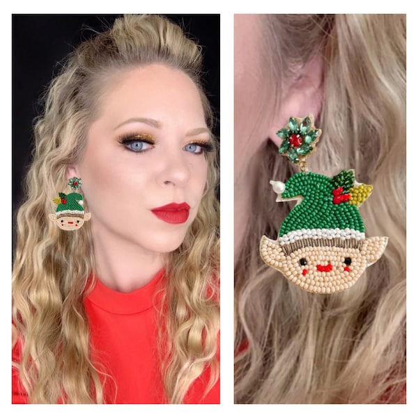 Seed Bead Elf earrings-Christmas Elf earrings-Ugly sweater earrings-Elf earrings-Christmas earring-Seed Bead Earrings