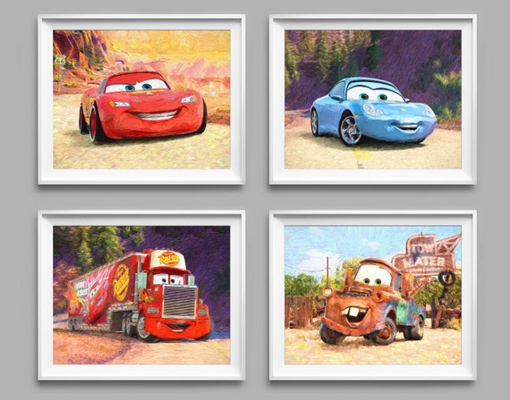 Disney Cars Oil Painting Art Lightning Mcqueen Mack Truck Tow Mater Sally Kids Room Decor Birthday Gift Nursery Printable Art Cars Party