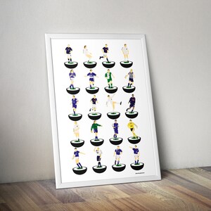 Può includere: Stampa artistica incorniciata con illustrazioni stilizzate di calciatori in varie divise. Ogni giocatore è raffigurato su un campo verde con una base nera, creando un design grafico minimalista. La cornice è bianca.
