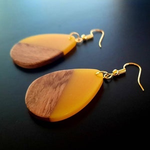 Bright Yellow Wooden Teardrop Earrings Walnut Wood Yellow Resin Real Wood Handmade Yellow Earrings Made in Germany 6cm