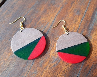 Green & Red Wooden Earrings Round Shape with Triangles Walnut Wood Resin New Handmade Earrings Made in Germany Green & Red 6cm