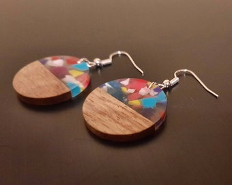 Colorful Wooden Earrings Circular Walnut Wood Resin With Color Spots Handmade Dangle Earrings Handmade Earrings Made In Germany