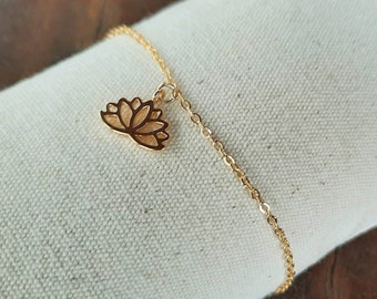 Golden bracelet with lotus flower, gold-plated bracelet in yellow gold with extension chain and golden lotus flower as a pendant, handmade