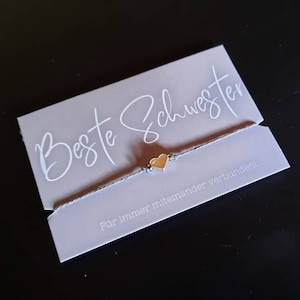 Heart bracelet &quot;Best Sister&quot;, hemp cord with heart pearl in rose gold, yellow gold and silver, available in many colors, adjustable knot