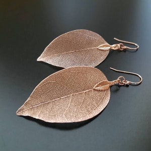 Rose gold leaf earrings, real leaves in rose gold plated, hanging earrings with filigree leaves, rose gold, nickel free, earrings, new