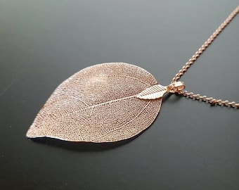 Collier feuille d'or rose, vraies feuilles en plaqué or rose, collier avec filigrane, vraie feuille, chaîne, fait main en Allemagne