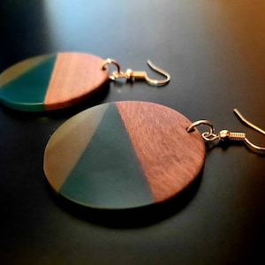 Green-olive wooden earrings in a round shape circular with triangles made of real walnut wood with synthetic resin, new, handmade, Germany, 6 cm image 1