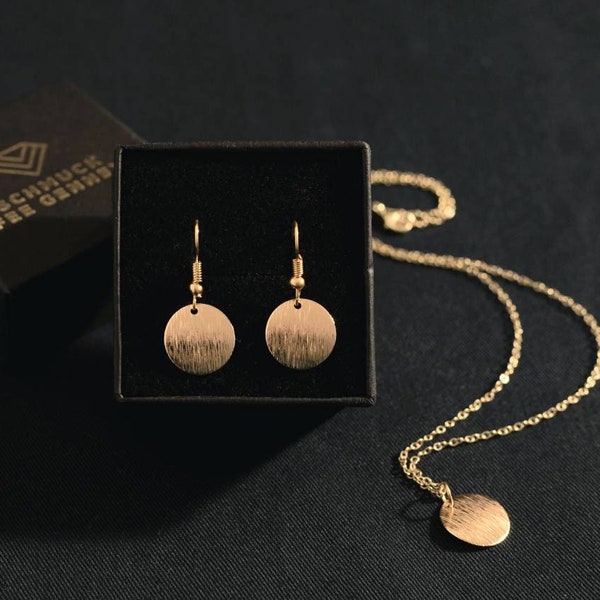 Ensemble de bijoux en plaqué or, boucles d'oreilles et collier avec plaque minimaliste, bijoux en plaqué or avec cercle en or jaune brossé, neuf