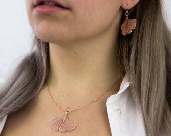 Rose gold jewelry set, real ginkgo leaves, necklace, earrings with delicate leaves, rose gold, Germany, handmade, ginkgo leaf