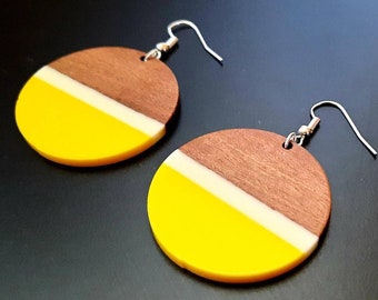 Yellow and white wooden earrings in a circle made of walnut wood and synthetic resin, bright yellow semicircle with white line, handmade earrings, 4 cm