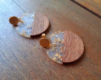 Boucles d'oreilles/goujons en bois doré transparent avec feuille d'or, cercles en bois de noyer et résine, boucles d'oreilles pendantes faites à la main, taille 4 cm